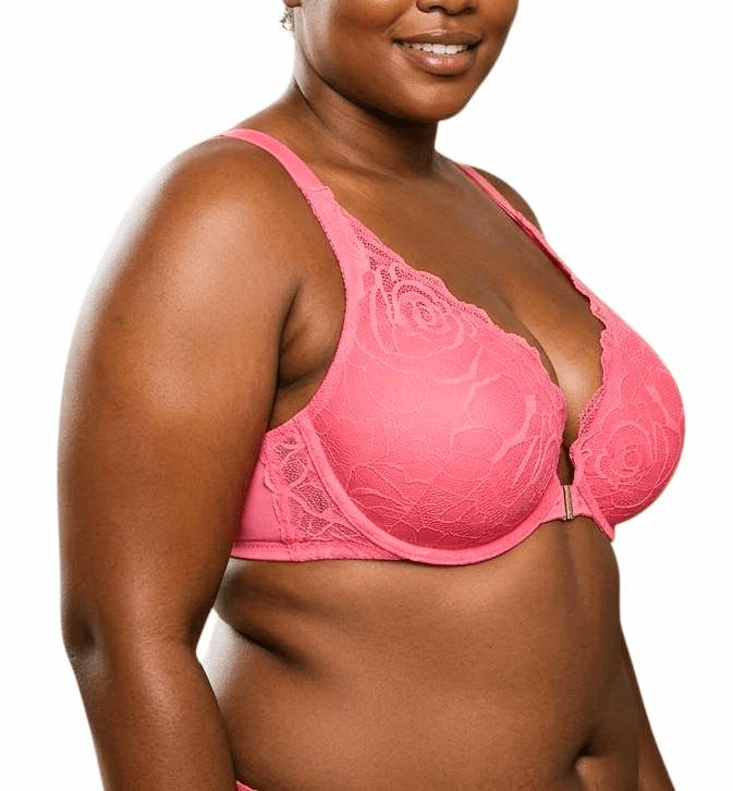 Cacique Hot Pink melon salmon lace boost plunge push up front close bra 44B