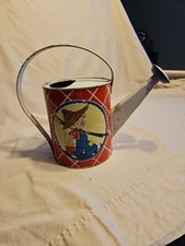 Vintag Ohio Art Tin Watering Can With Bonneted Girl With Wheelbarrow And Boy Wit