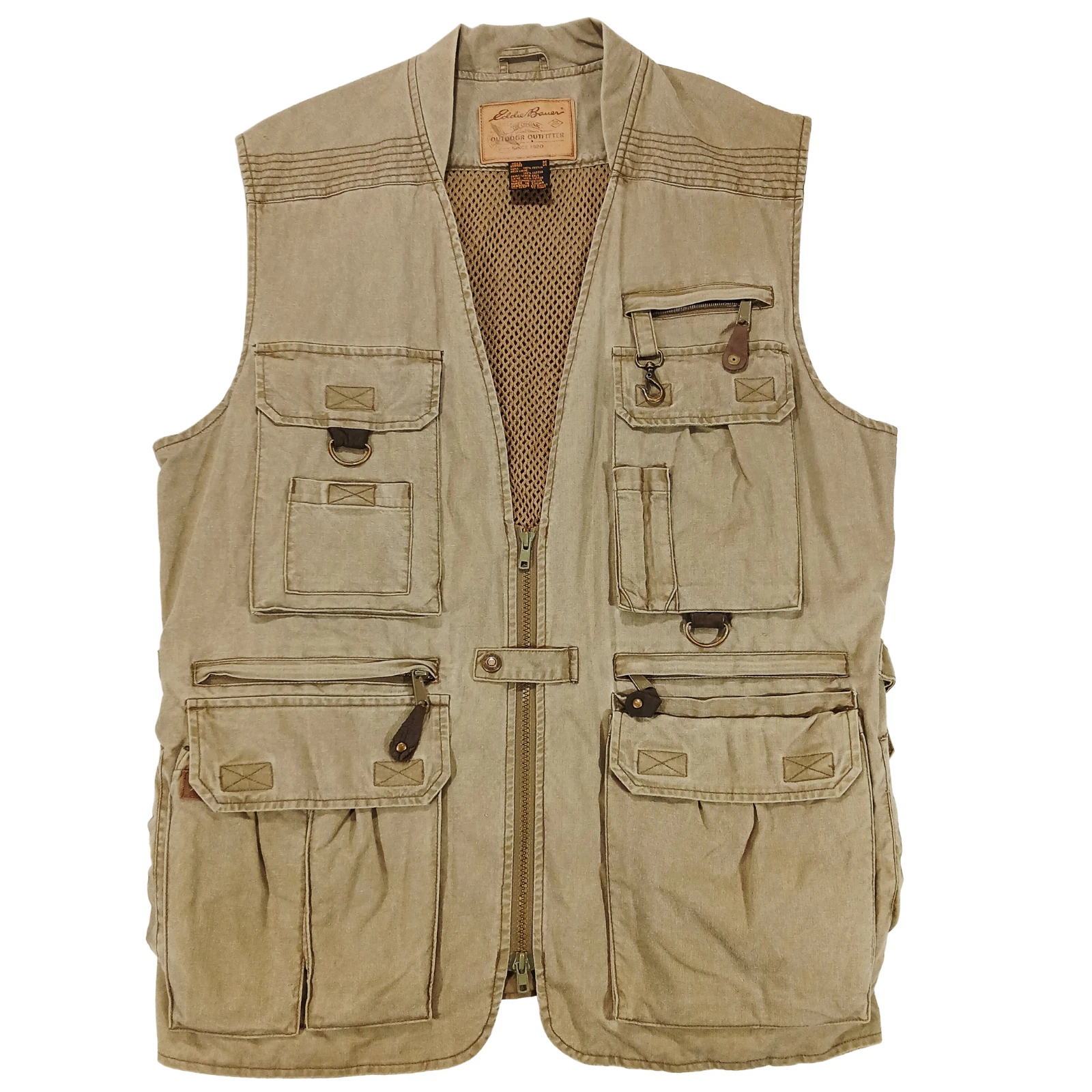 Eddie Bauer Outdoor Outfitter Utility Vest Mens Medium Tan Cotton Fishing Safari