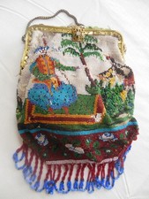 Antique Beaded Purse depicting 2 Men in Oriental Garb-Color Enameled Frame