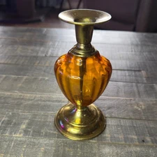 Vintage Amber Glass Candlestick Antiqued Gold Hollywood Regency Decor