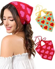 Crochet Bandanas for Women - 2 PCs Heart Hair Bandana Headbands for Women Fas...