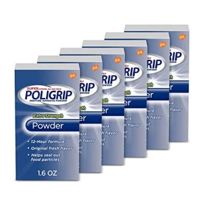 POLIGRIP Super Denture Adhesive Powder, Extra Strength 1.6 oz Container (Pack of 6)