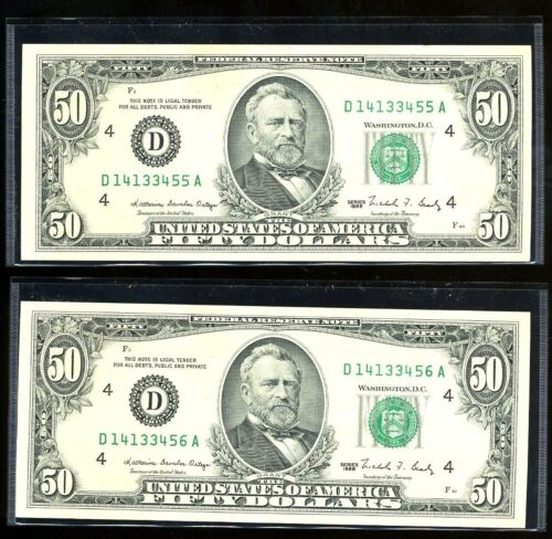 2 $50 Dollar Bill 1988 NOTE UNCIRCULATED sequential DA BLOCK PAPER MONEY#1307