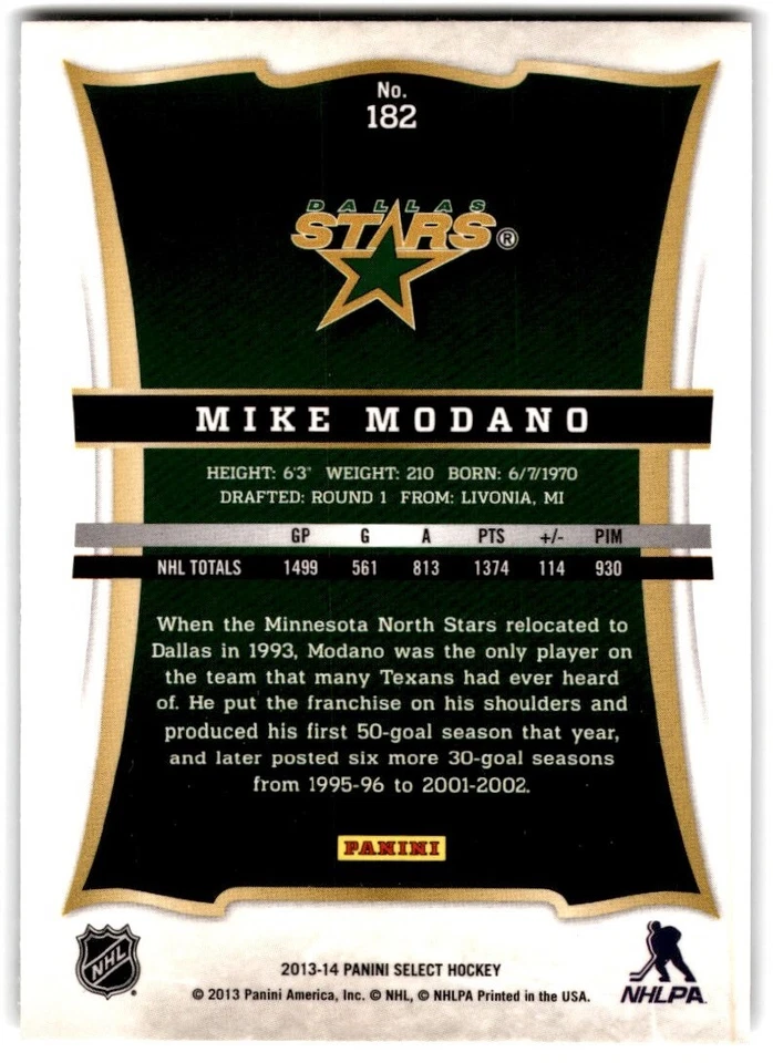 2013-14 Panini Select Mike Modano #182 Dallas Stars - Image 2 of 2