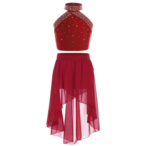 UK Girls Lyrical Dance Costume 2 Pc Halter Backless Crop Top with Skirt Outfit - Picture 87 of 105