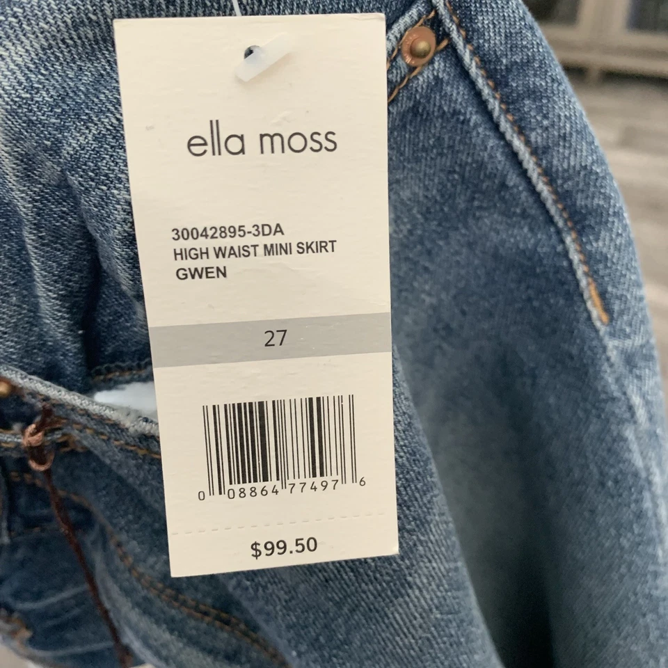 Falda Ella Moss Mujer Talla 27 Cintura Alta Denim Envejecido Mini GWEN NUEVA $99 Foto 4 de 4