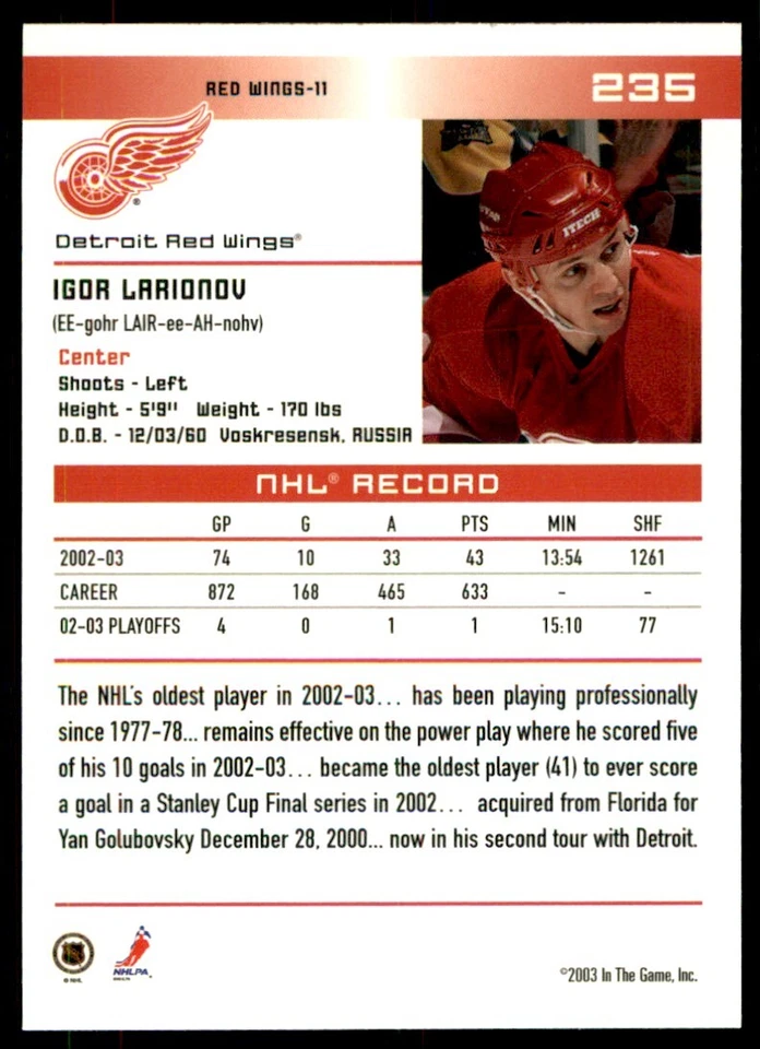 2003-04 In The Game Action Igor Larionov #235 - Image 2 of 2