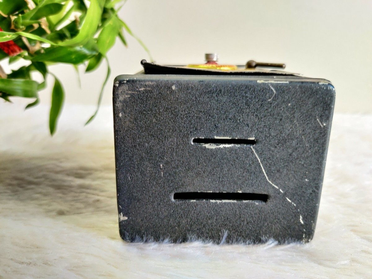 1940s Vintage Baby Bank Tin Safety Money Box Safe Decorative