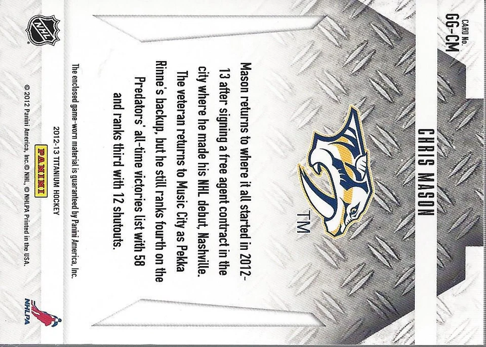 2012-13 Panini Titanium Game Worn Gear #GGCM Chris Mason Jersey - NM-MT - Image 2 of 2