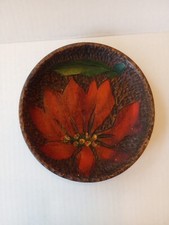 Vintage Wood Burned Pyography Hand Painted Pointsetta dish 6”