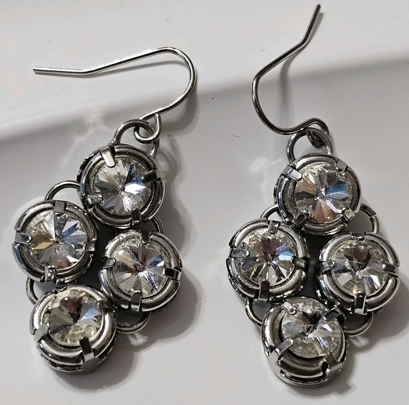 Clear Rhinestone Dangle Earrings Silver Tone Vint… - image 1