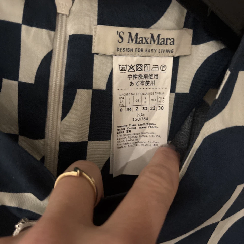 'S Max Mara 长款海军蓝象牙色连衣裙带 3/4 英寸袖拉链打褶二手状况完好! — 第 2/4 张图片
