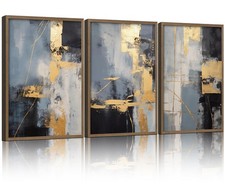 3Pcs Framed abstract black and gold wall art modern minimalist black and whit...