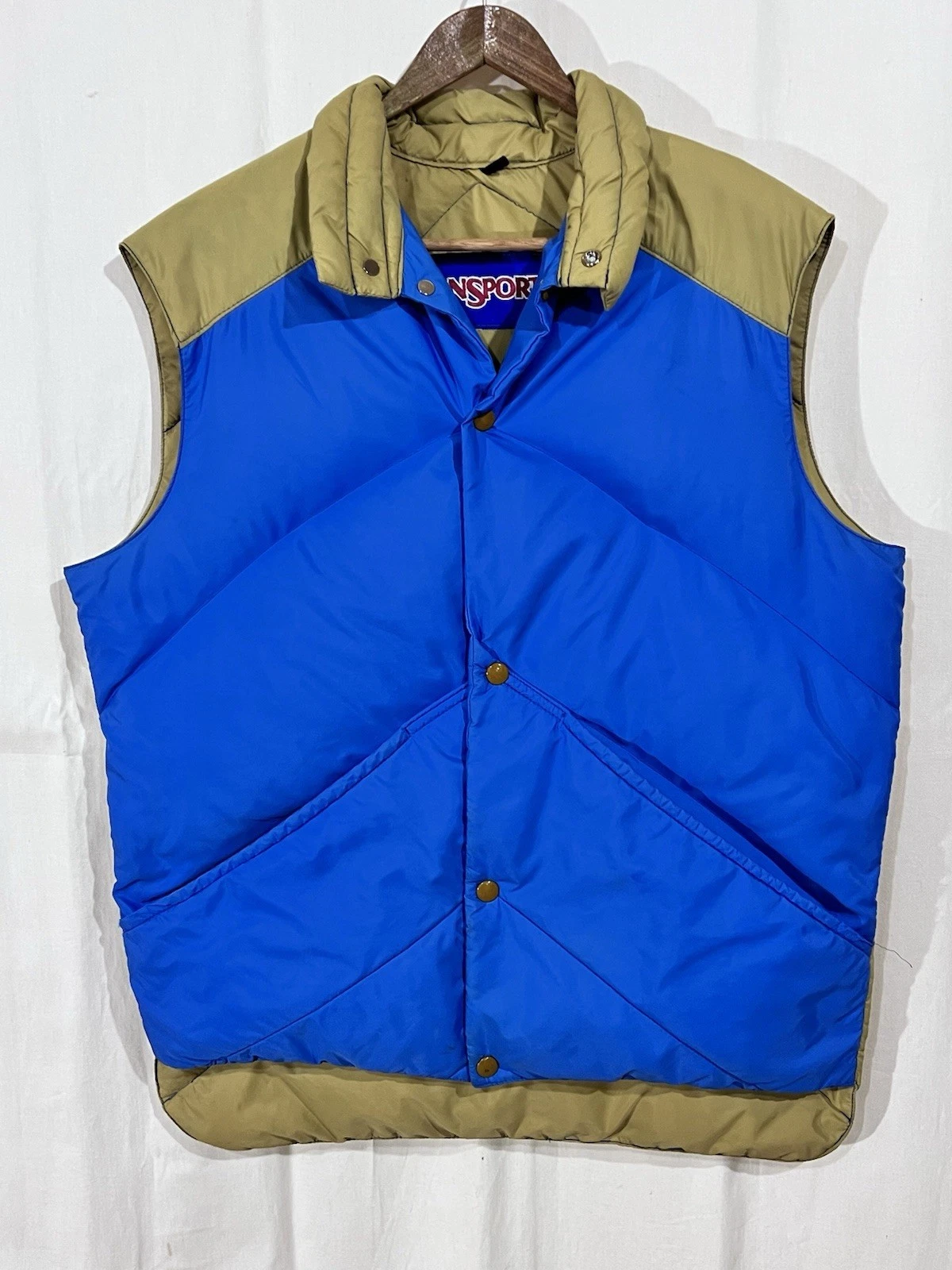 Vintage 80’s Jansport Goose Down Puffer Vest Blue & Beige Western Trucker Retro