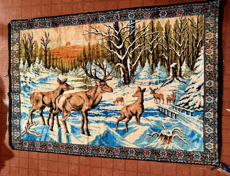 Vtg Velvet Rug Deer Elk Wall Hanging Tapestry 6x4  Print NICE!  large