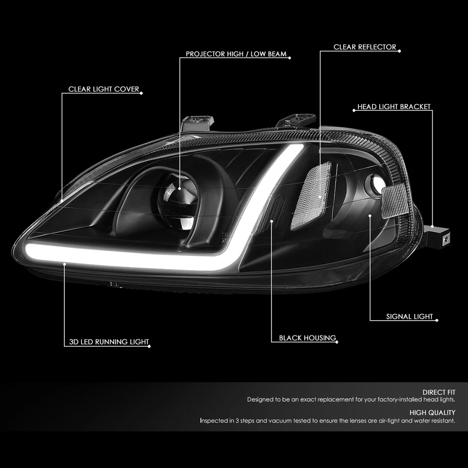 [LED DRL]FOR 99-00 HONDA CIVIC BLACK HOUSING CLEAR CORNER PROJECTOR HEADLIGHTS - Image 2 of 4