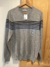 New Sonoma Men's Small Super Soft Sweater Gray Blue Black Striped Crew Neck