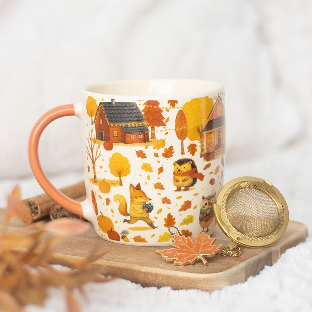 Woodland Creature Comforts Owl Fox Hedgehog Mug & Tea Strainer Gift Set