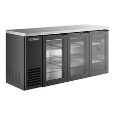 True 72" Black Glass Door Back Bar Refrigerator w/ Stainless Top & LED Lighting