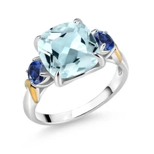 925 Silver and 10K Yellow Gold Sky Blue Simulated Aquamarine and Created