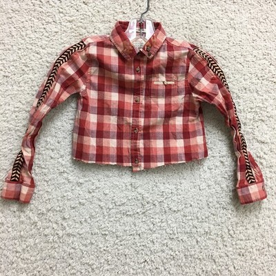 Scoth R Belle Top Shirt 8 Youth Red Banana Plaid Crop Long Sleeve Casual Girls