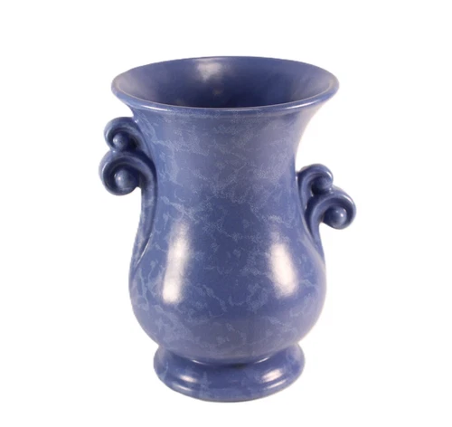 Vtg Red Wing RumRill Pottery 634 Vase 7 1/2" Blue Stipple Offset Scroll Handles