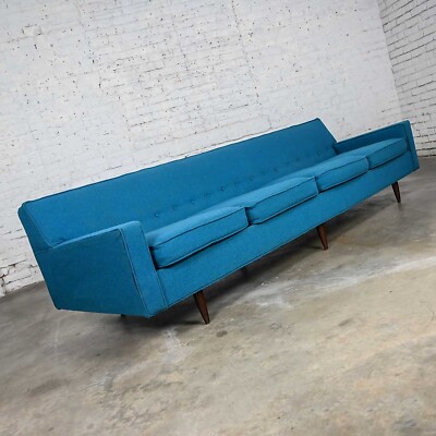 Mid-Century Modern Turquoise Lawson Cushion Sofa Attr Milo Baughman James  - Main Image