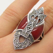 925 Sterling Silver Vintage Carnelian  Marcasite Gem Statement Ring Size 6.25