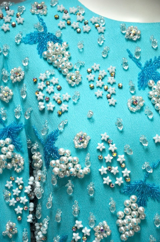 Vintage 1960s HEAVILY Beaded Rhinestone Pearls Blue Mod Shift Party