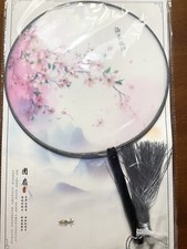 NWT 8" DIA. CHINESE CHERRY BLOSSOMS DESIGN FABRIC PADDLE FAN, BLK BAMBOO HANDLE