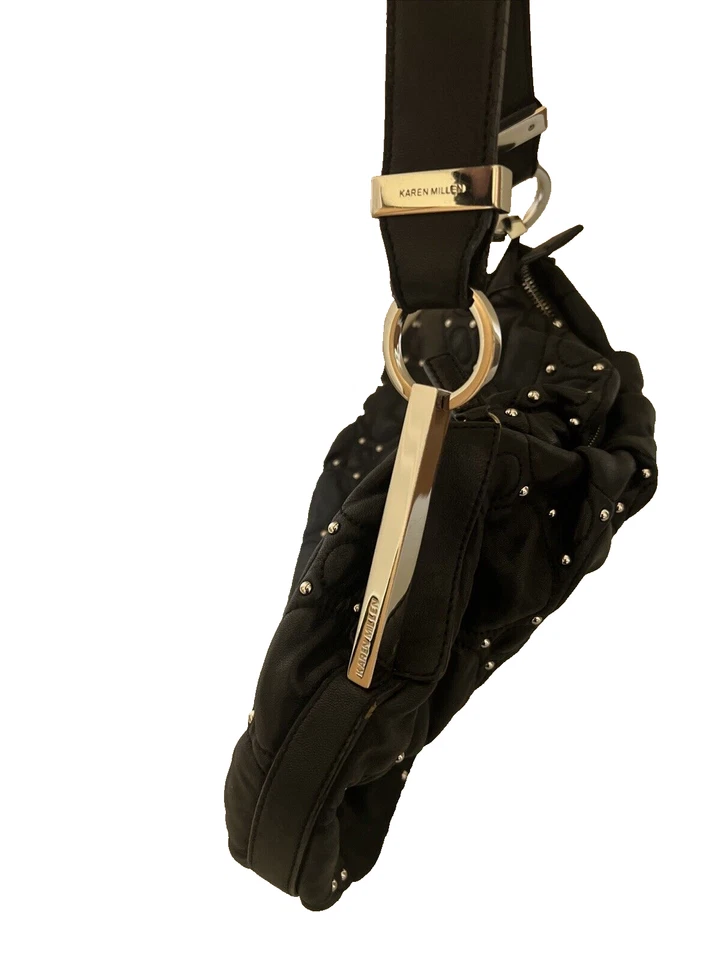 Karen Millen Hobo Shoulder BLACK Lamb Leather Quilted Studded  Bag - Image 4 of 4
