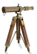Vintage Working Style Brass Telescope w Wooden Tripod Home Office Nautical Décor