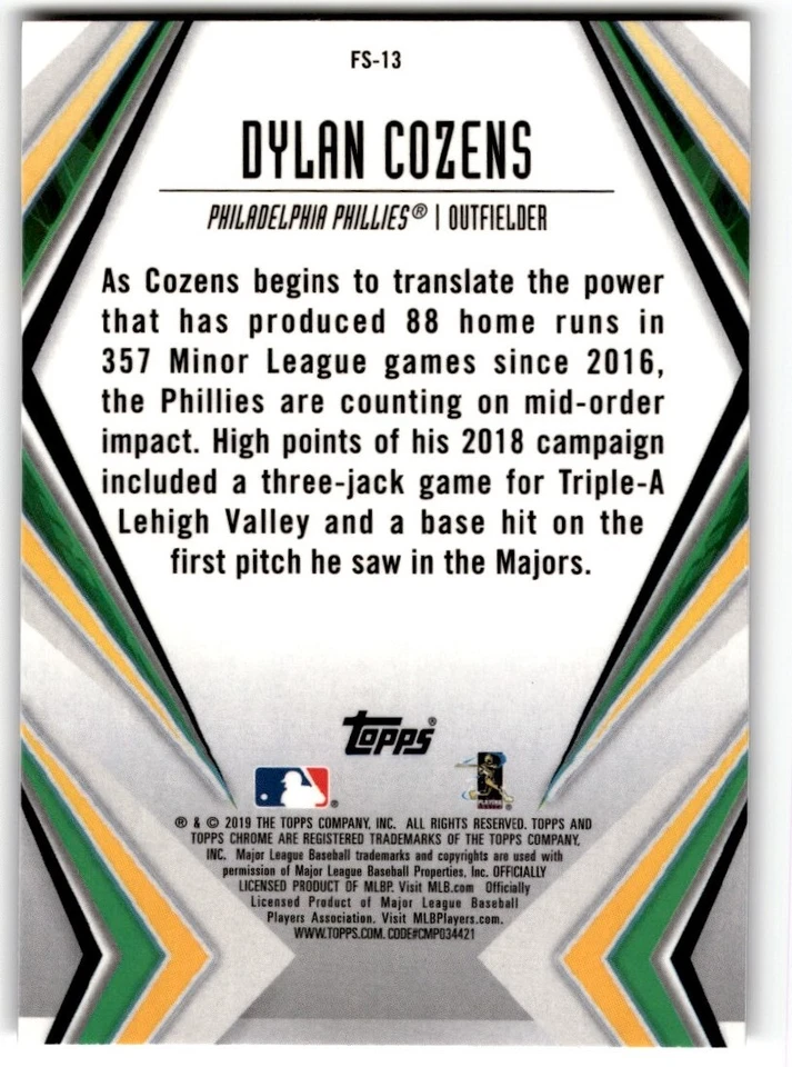 2019 Topps Chrome Future Stars Dylan Cozens #FS-13 Philadelphia Phillies - Image 2 of 2