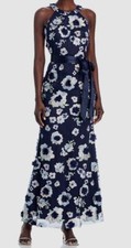 Eliza J Women's Blue Sleeveless Lined Round Neck Embroidered Maxi Dress Sz 4