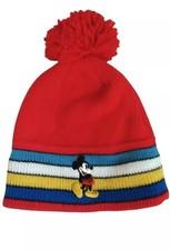Vintage Walt Disney Production Mickey Mouse Knit Beanie Cap Pom Pom Red Striped