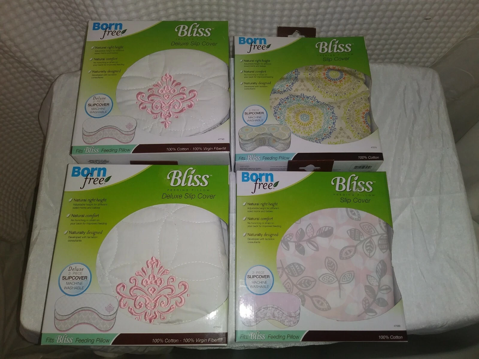 Born Free Bliss Nursing Pillow Slip Cover Lot- Includes 2 Deluxe and 2 Reg
Opens in a new window or