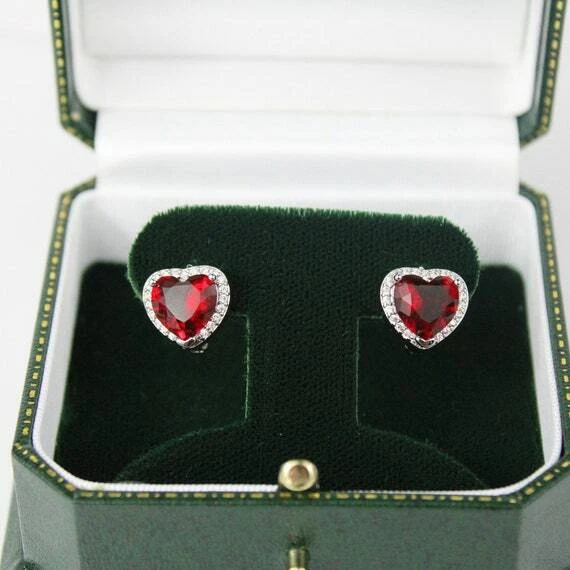 WHITE GOLD FINISH Red Ruby Created Diamond Heart Cut Droplet Earrings - Image 3 of 4