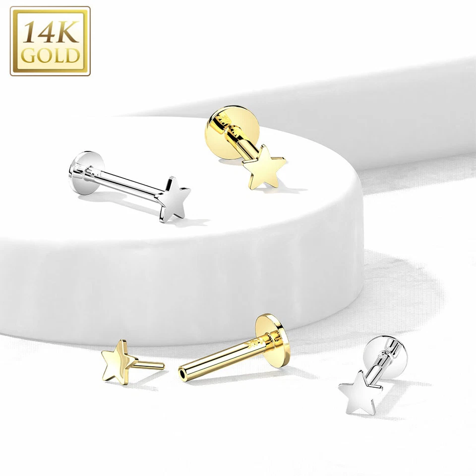 Labret labio push-in estrella plana oro macizo 14K oreja cartílago hélice 16G Foto 2 de 4