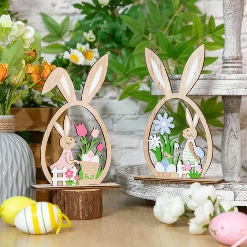 2Pcs Easter Decorations for the Home Wooden Bunny Decor Sign Farmhouse Rustic - Picture 7 of 8