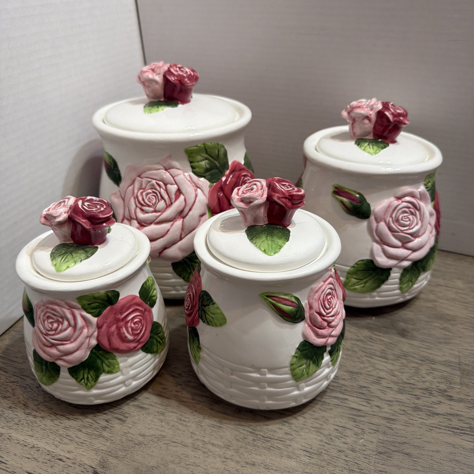 Vintage KMC CANISTER SET OF 4 Floral Ceramic Set Country Farmhouse Kitchen