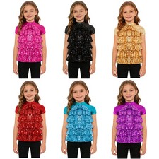 US Kids Dance Top Metallic Sparkle Dance Shirt Shiny Short Sleeve Tee Dancewear