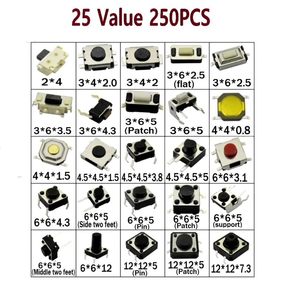 250Pcs 25 Values Tactile Switch Push Button Micro Momentary Tact Assortment Kit - Image 2 of 4