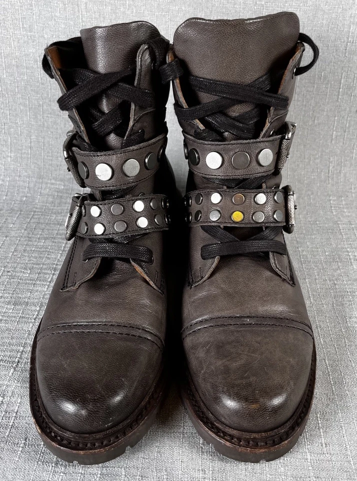 Botas Frye para Mujer Samantha Tachuelas Cinturón Motociclista Combate Gris Talla 8.5 B Cuero Usadas en Excelente Condición Foto 3 de 4