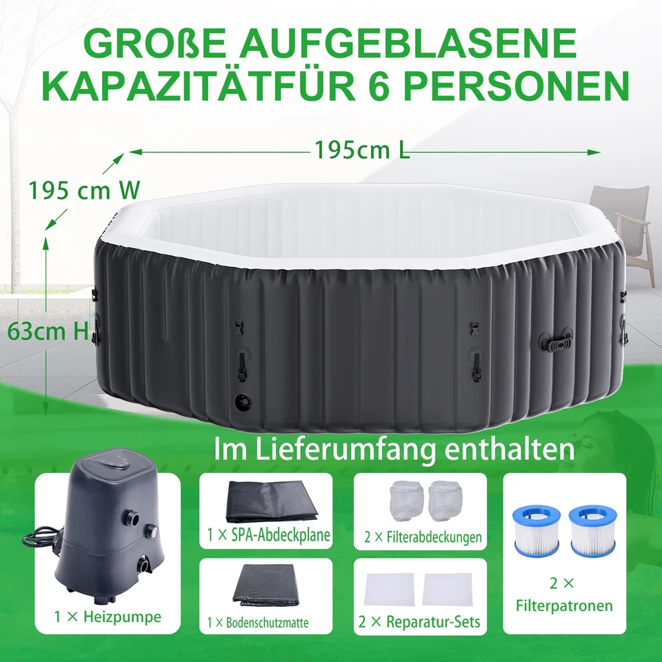 Begonia.K Achteck Whirlpool Pool 6 Personen 195cm 130 Massagedüsen 910 L 1800W - Bild 2 von 4