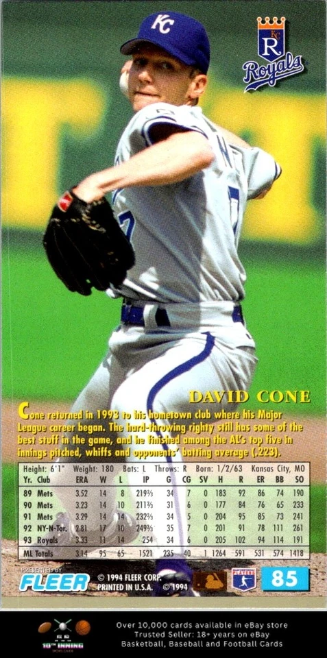1994 Fleer Extra Bases BASEBALL #85 David Cone - Image 2 of 2