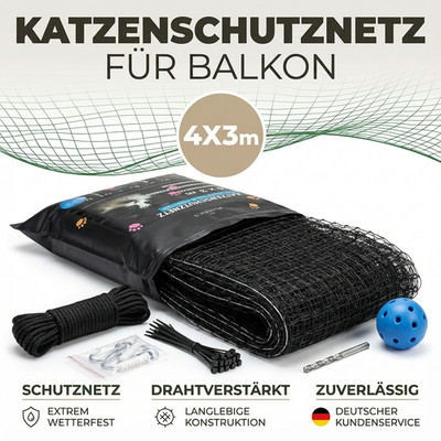 Katzennetz für Balkon OHNE BOHREN 4x3m -Extra Drahtverstärkt mit Befestigungsset