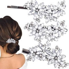 3 Pcs Crystal Flower Hair Clips for Wedding, Silver Wedding Hair Pins, 3 PCS