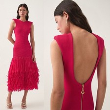 Aje Rushes Raffia Midi Dress Deep Fuchsia Pink Knit Fringe Ribbed Size XS