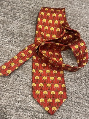 TOM JAMES RED GOLD BROWN TREE LEAF 100% SILK HAND MADE NECK TIE 58'' 3.5'' WIDE EU